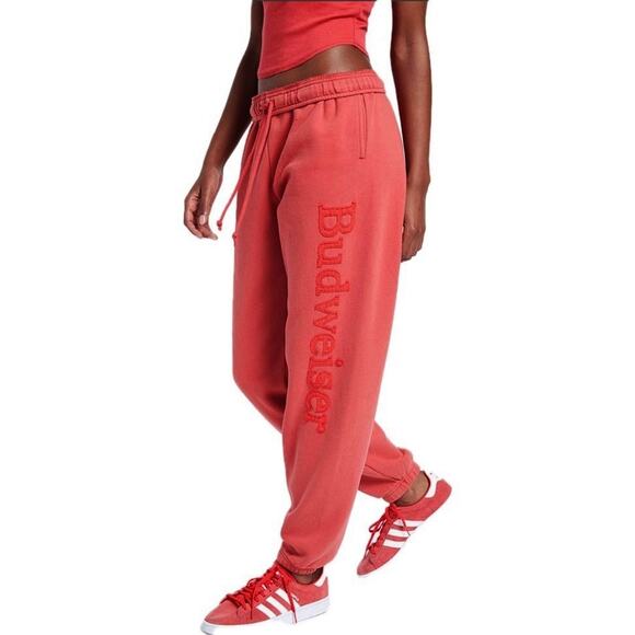 BUDWEISER By PacSun Appliqué Spellout Logo Sweatpants Size M Faded Red Novelty - Picture 1 of 12